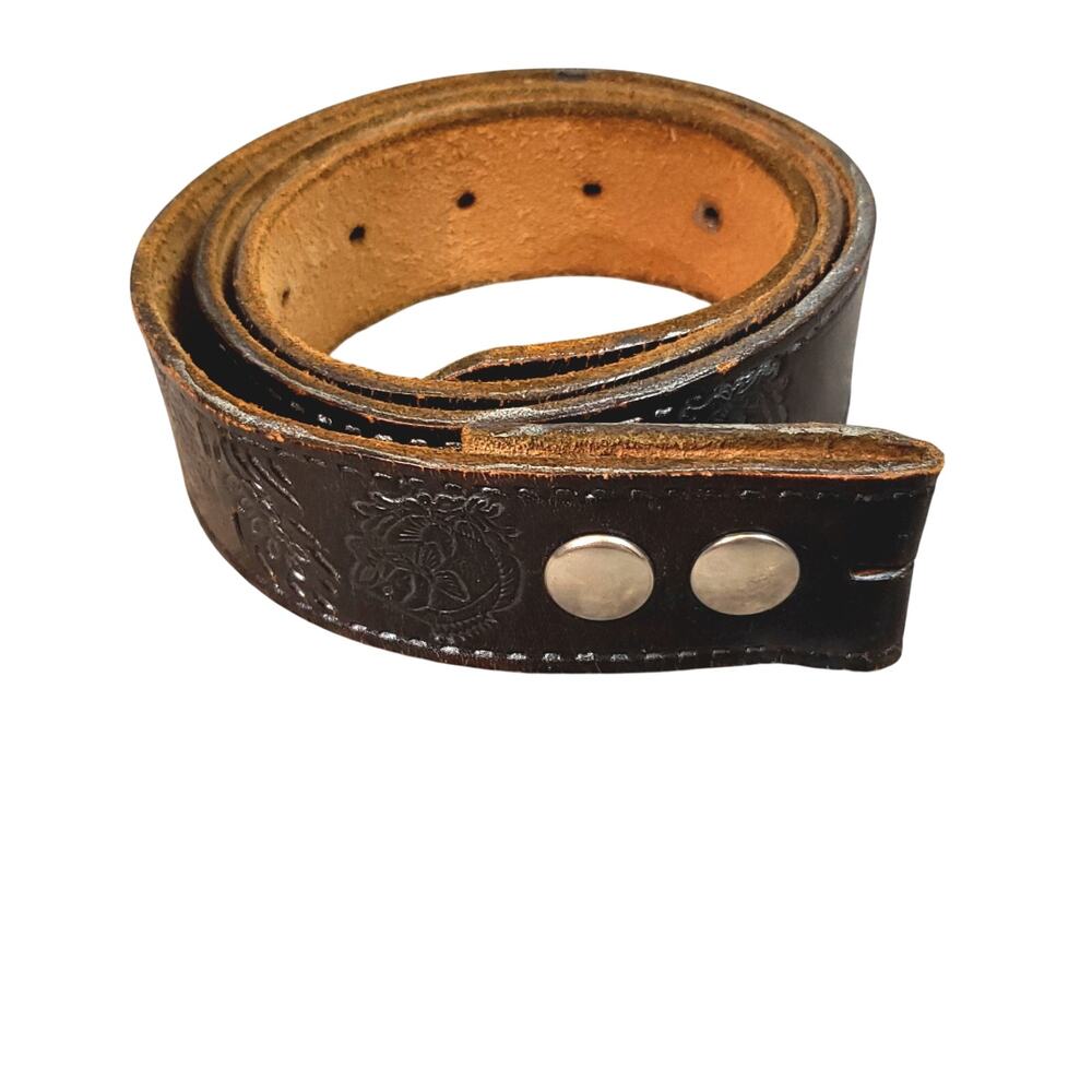 Vintage tooled belt black leather "fish" no buckle size 36